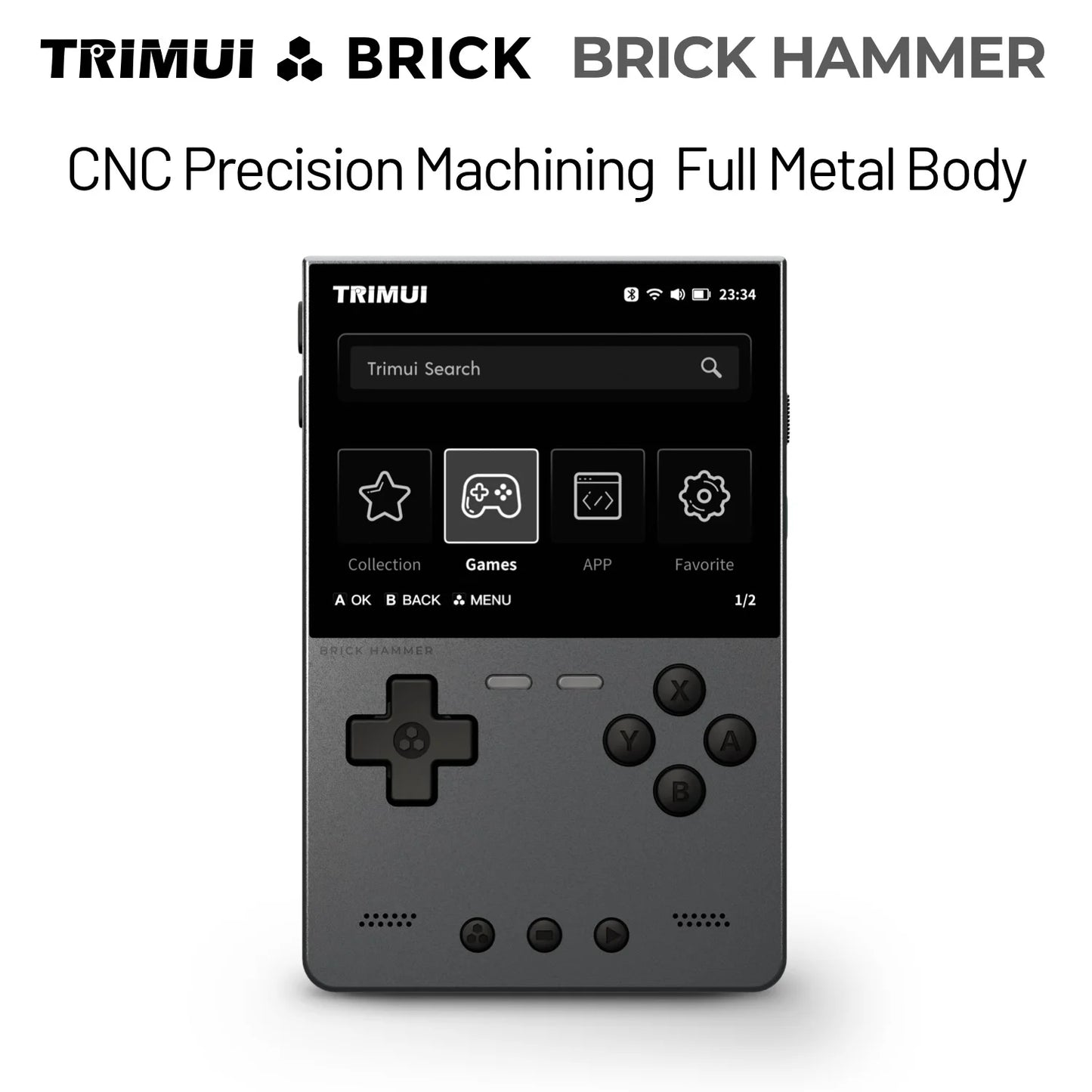Handheld device with screen CNC precision machined full metal body in Space Grey displaying 'TRIMUI' branding on a white background