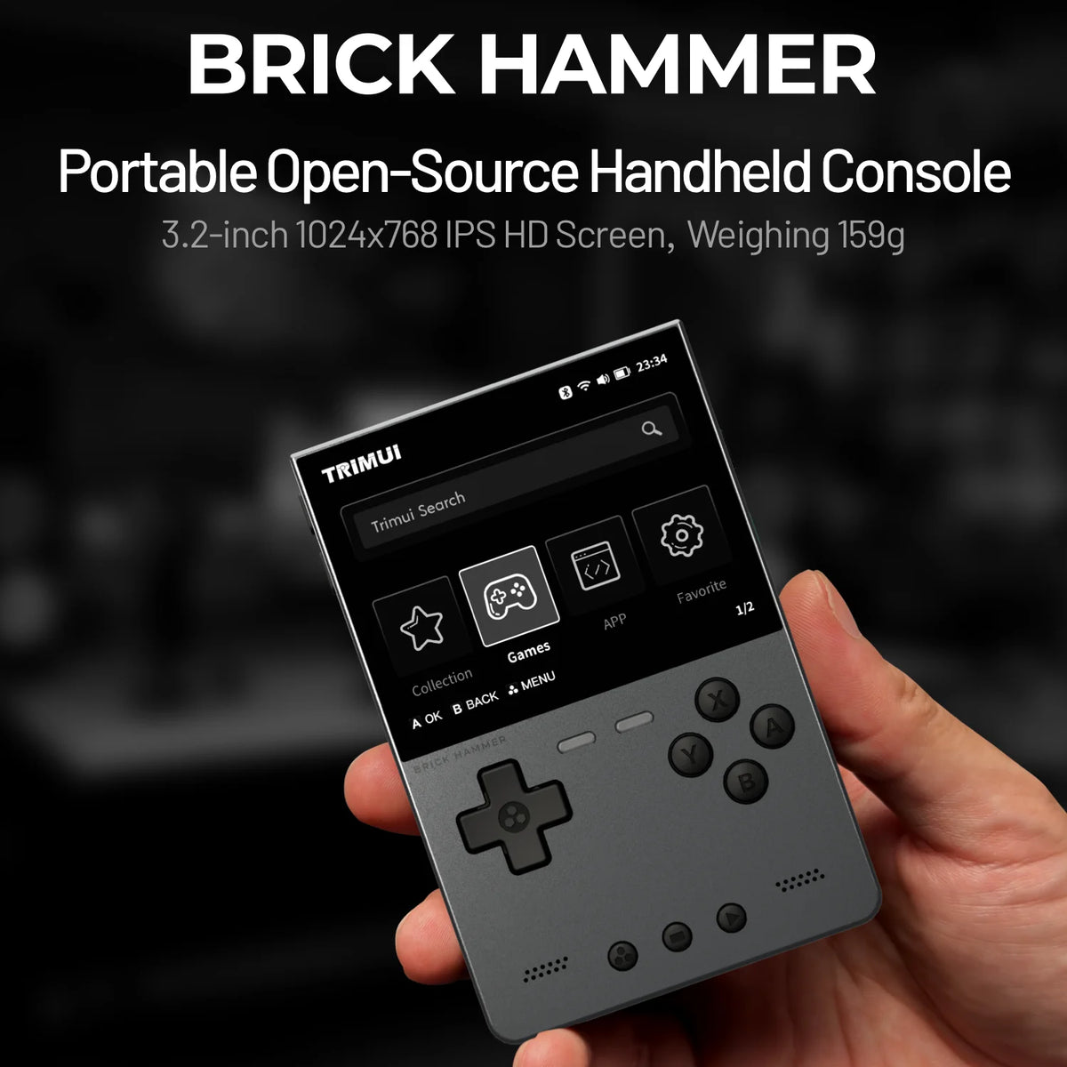 Handheld console with screen displaying 'TRIMU' branding, held in a hand against a dark background.