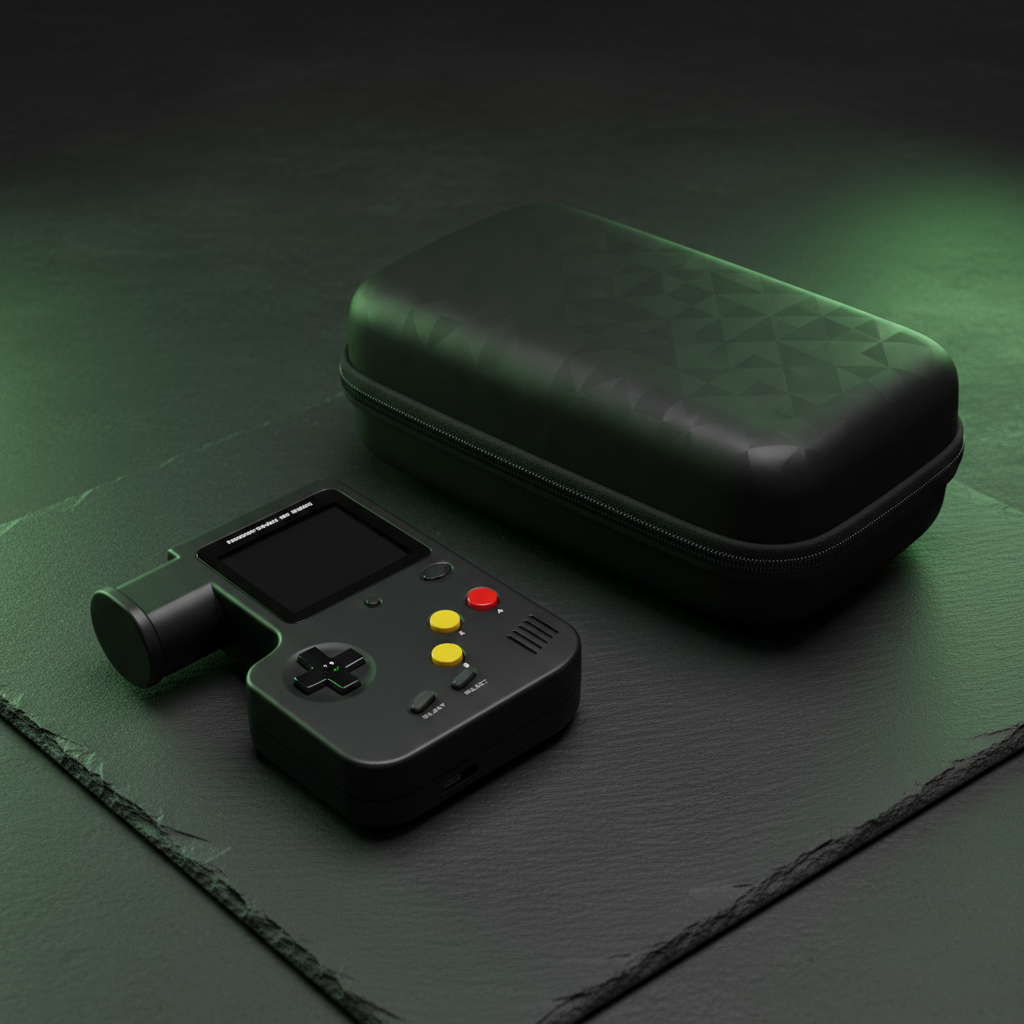 Black handheld gaming console with carrying case on a dark surface