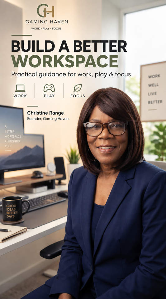 Christine Range, founder of Gaming Haven, with a professional computer workspace.