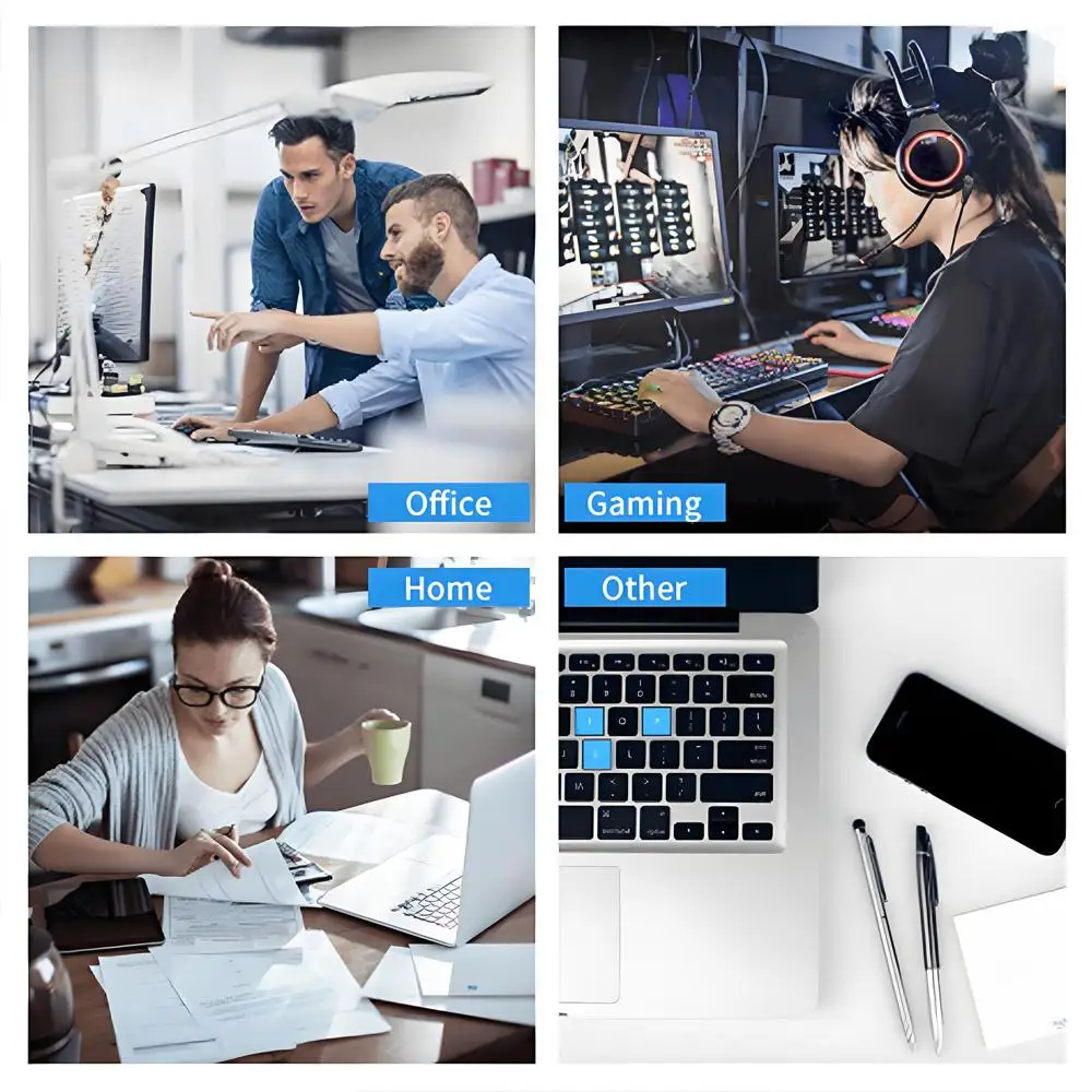 image of 4 environments with text office, gaming, home and other for mouse pad use 