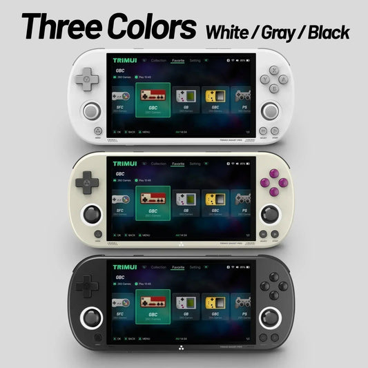 Three Colors White Gray Black Vertical Trimui Brand Handheld Game Consoles With Front Screen System Display and Control Buttons