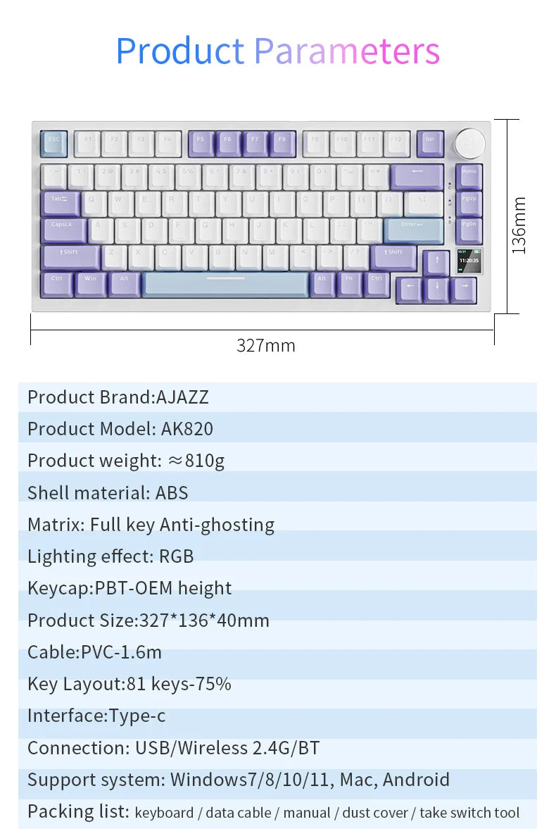 AJAZZ AK820 Mechanical Keyboard with specifications listed on a blue background