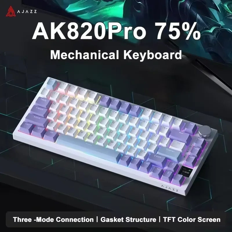  AK820 Pro Mechanical keyboard with colorful keycaps on a dark background, featuring the brand 'AJAZZ'.