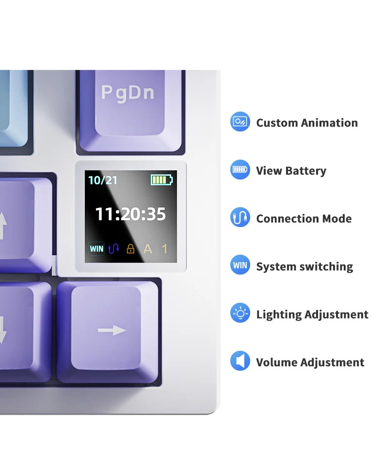 AJAZZ AK820 Pro Mechanical Keyboard Control panel with digital display and buttons, featuring a list of functions on the right.