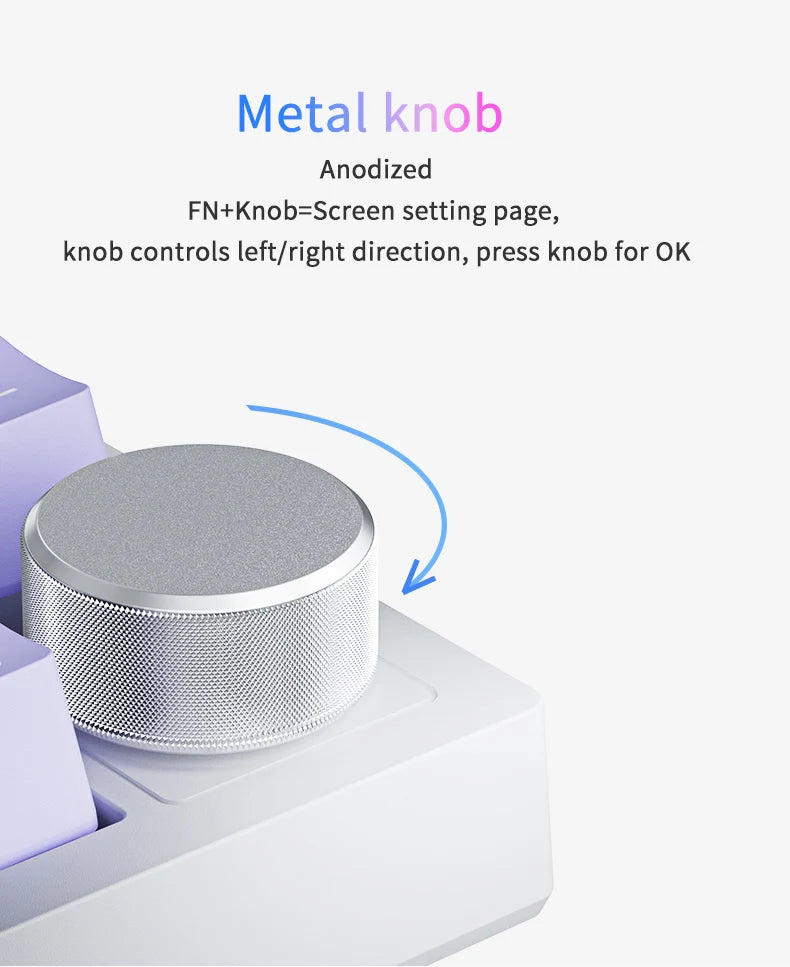 AJAZZ AK820 Pro Metal knob on a keyboard with text explaining its functions