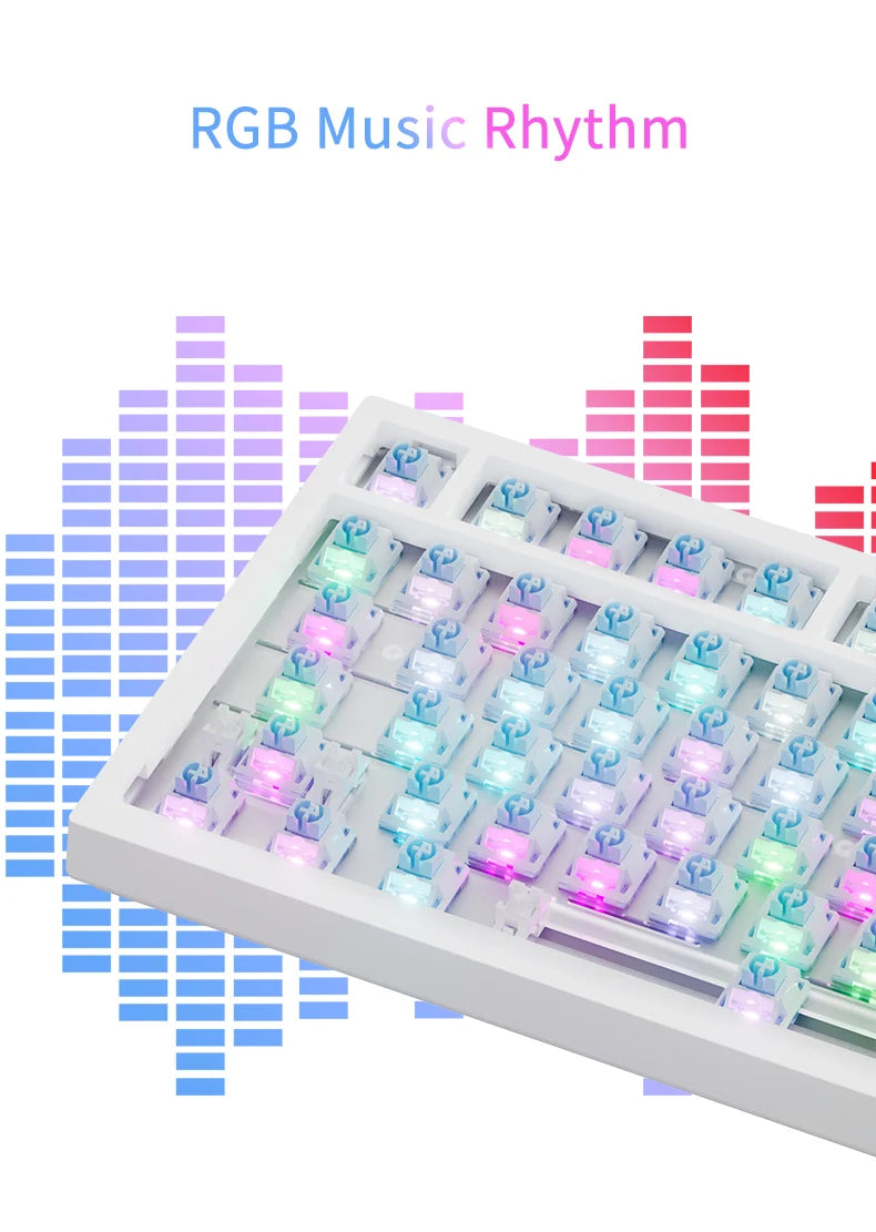 AJAZZ AK820 Pro RGB mechanical keyboard with colorful backlighting on a white background with music equalizer graphics.