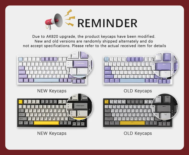 AK820 Comparison of new upgrade  and old keycaps with a reminder text on a white background