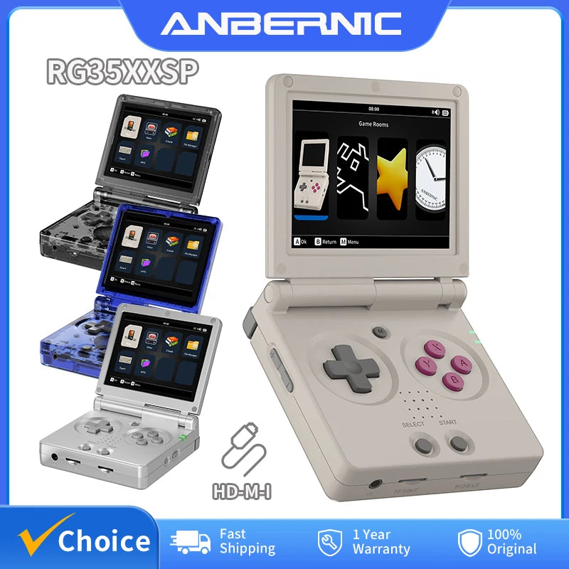 Portable gaming console with screen and buttons, featuring Anbernic branding.