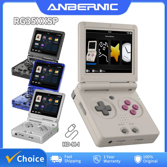 Portable gaming console with screen and buttons, featuring Anbernic branding.