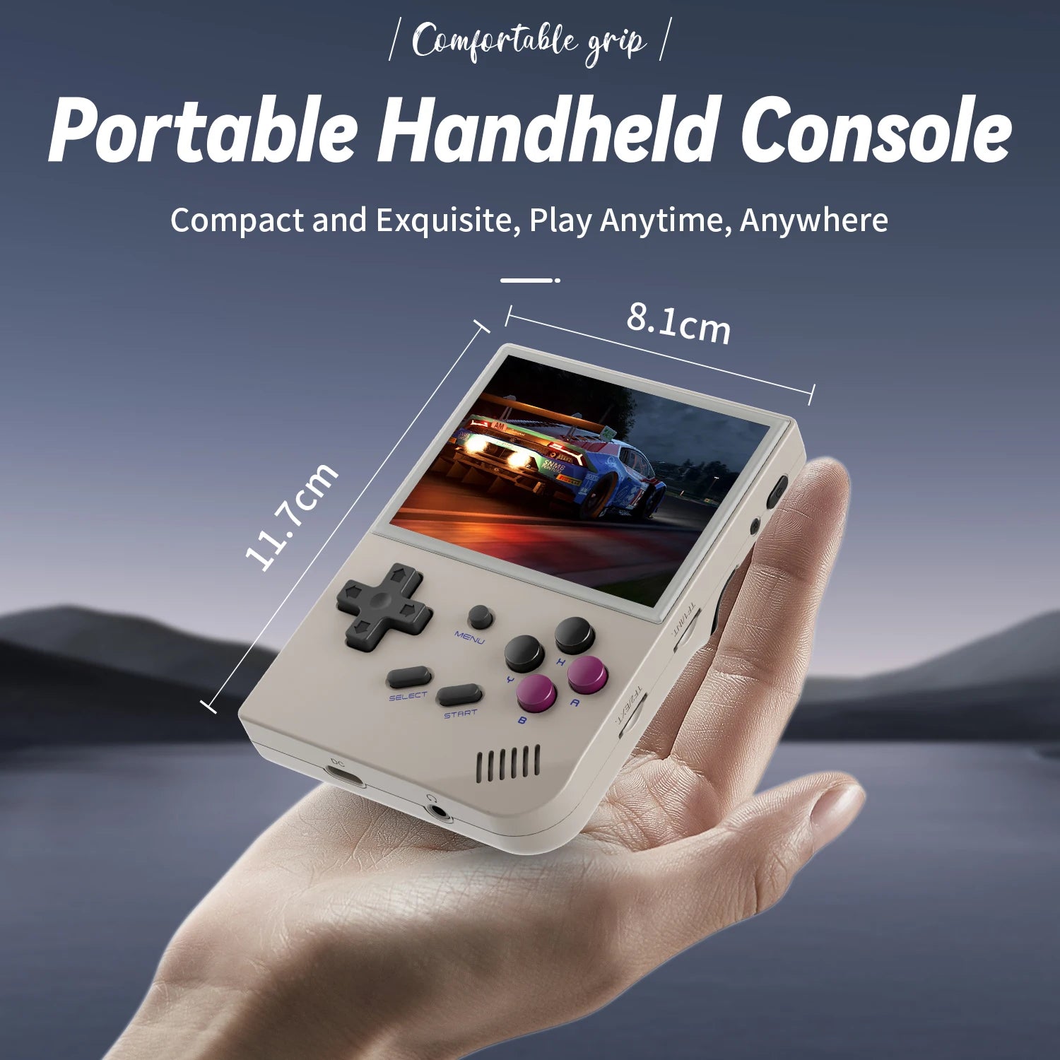 Handheld console held in a hand with scenic background. Text 'Comfortable grip Compact and Exquisite, Play Anytime, Anywhere'.
