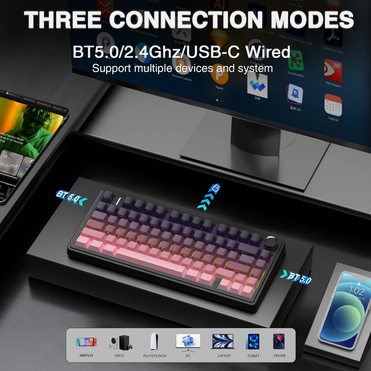 Multimedia setup with keyboard, monitor, and smartphone displaying connectivity modes.