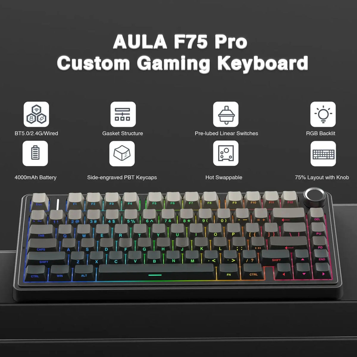 AULA F75 Pro Custom Gaming Keyboard with features listed on a dark background