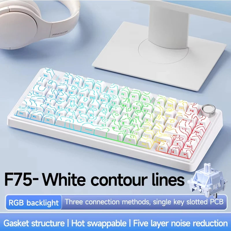 Keyboard with white contour lines on a blue surface, featuring RGB backlighting and multiple connection methods.