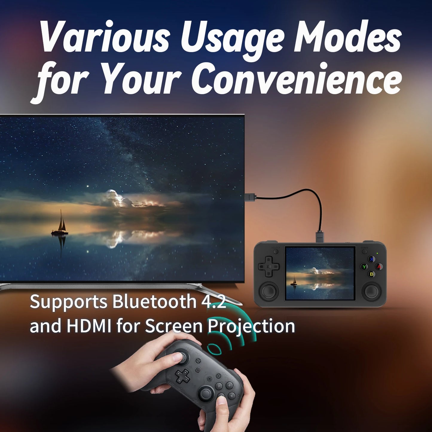 Gaming console with screen projection capabilities on a dark background