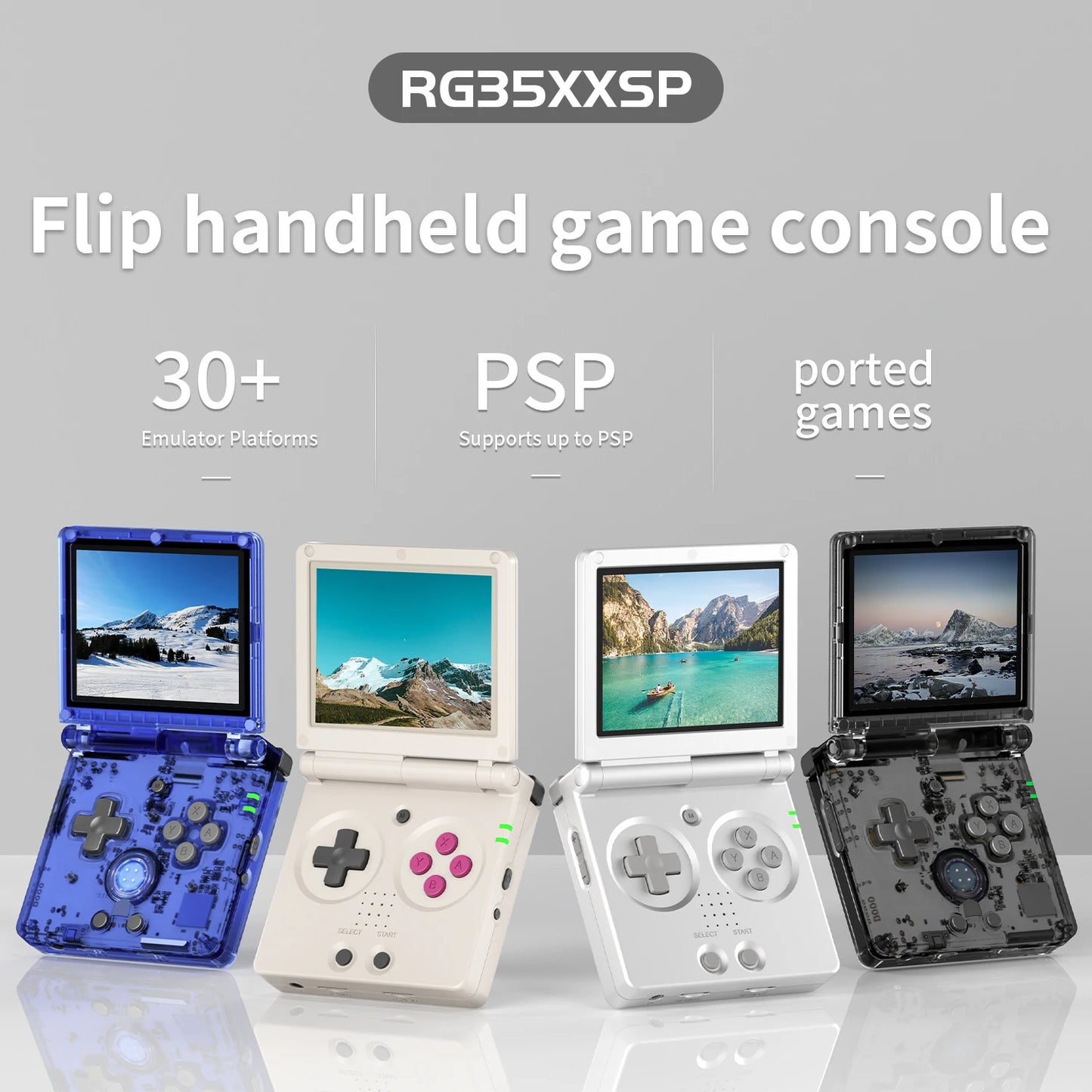 Flip handheld game console with multiple color options on a gray background