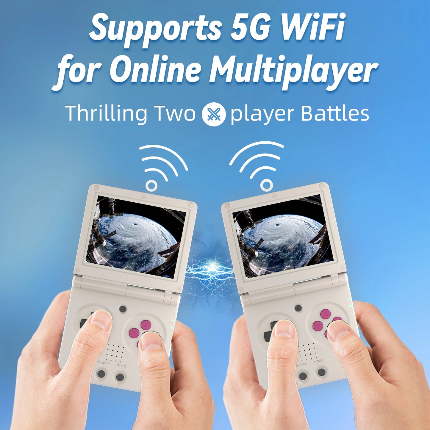 Two handheld gaming devices with screens showing an astronaut on the moon, against a blue background with text about 5G WiFi and online multiplayer.