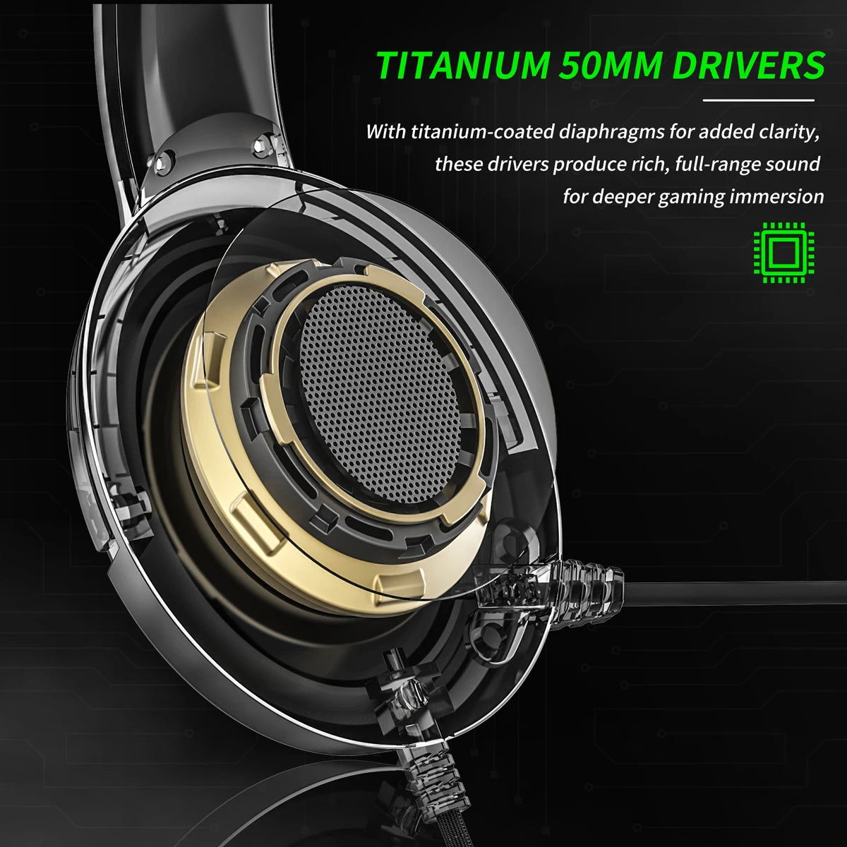 Close-up of a headphone driver with titanium coating on a black background with green text 'TITANIUM 50MM DRIVERS'