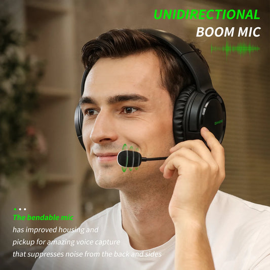 Man wearing a headset with a unidirectional boom mic, set against a blurred indoor background.