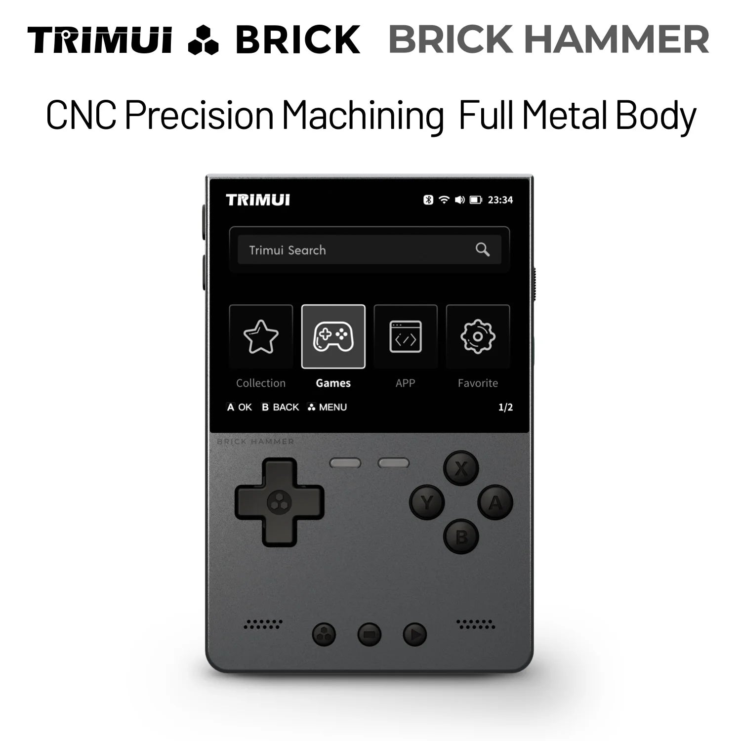 Handheld device with screen  CNC precision machined full metal body in Space Grey displaying 'TRIMUI' branding on a white background
