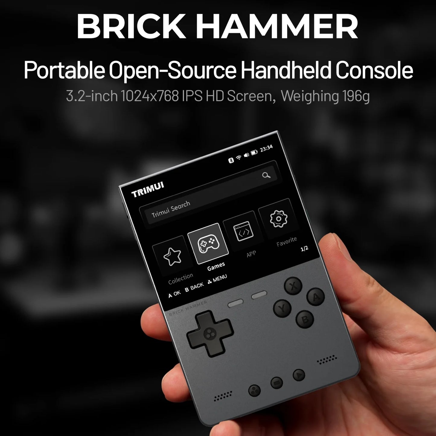  Trimui Brick Hammer portable open-source retro console held in hand — compact metal design with screen displaying 'TRIMU' branding against a dark background.