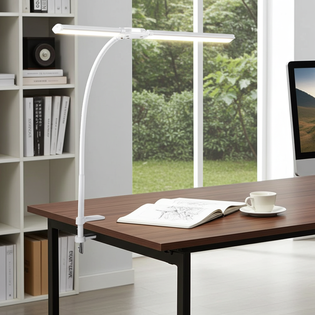 White lamp clamped to wood desk with  open white book, cup on saucer, monitor edge in a room with white bookcase, books, window view of plant shrubbery outside.