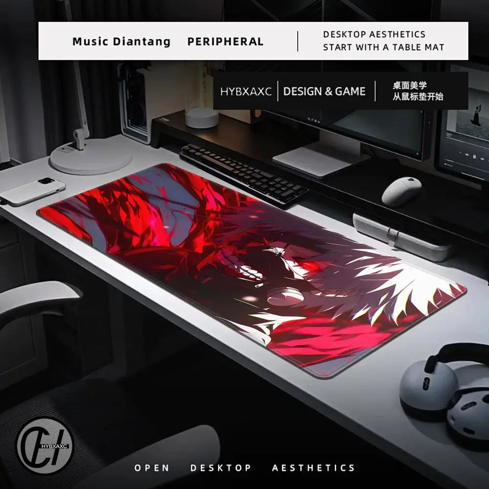 Red and black aesthetics desk mat on a computer desk with peripherals.