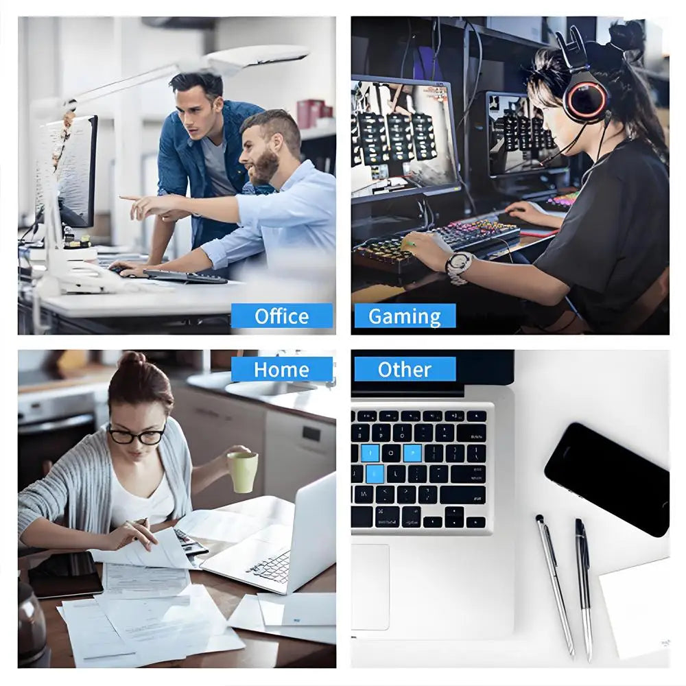 Collage of people using computers in different settings labeled 'Office', 'Gaming', and 'Home'.
