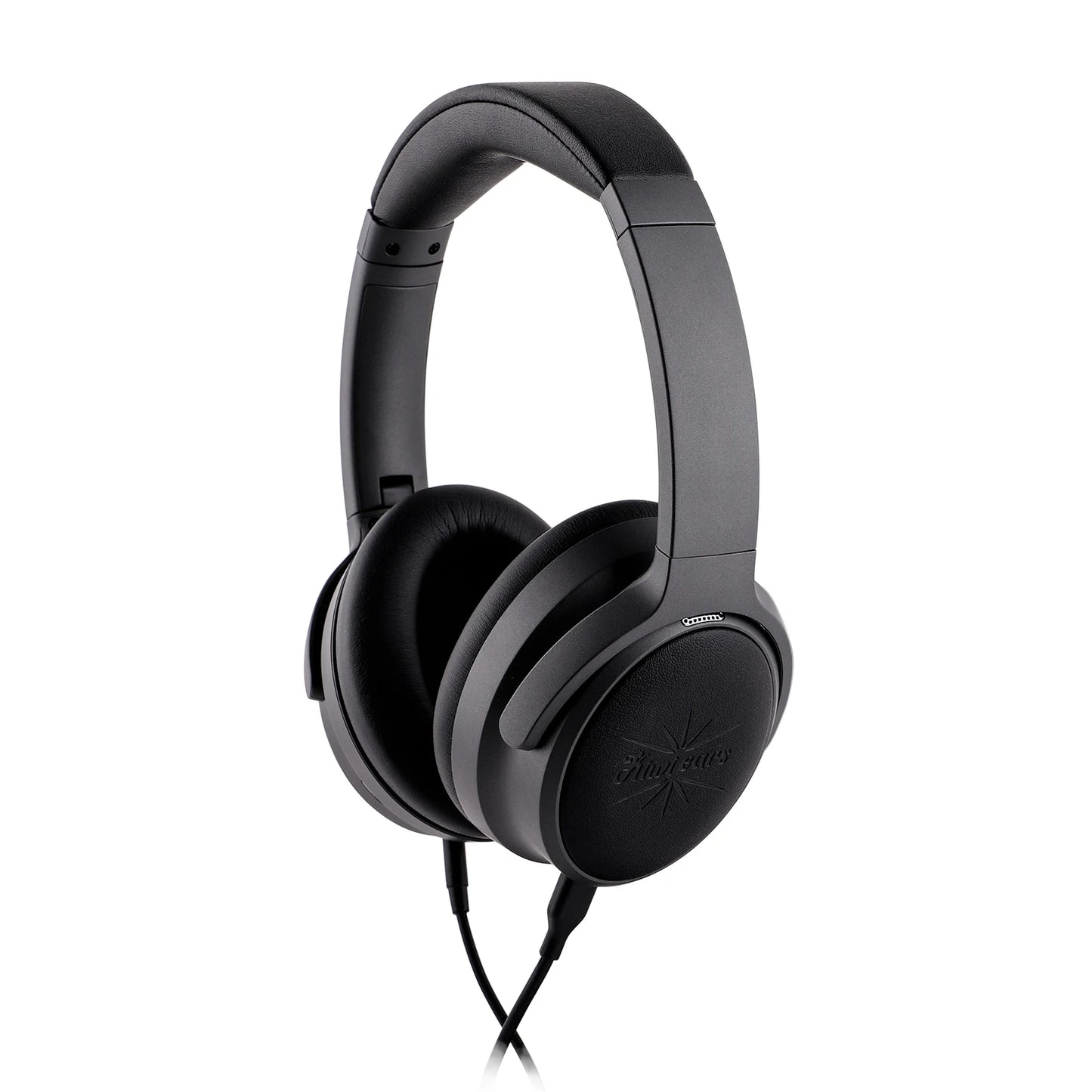 Black headphones with wire on a white background