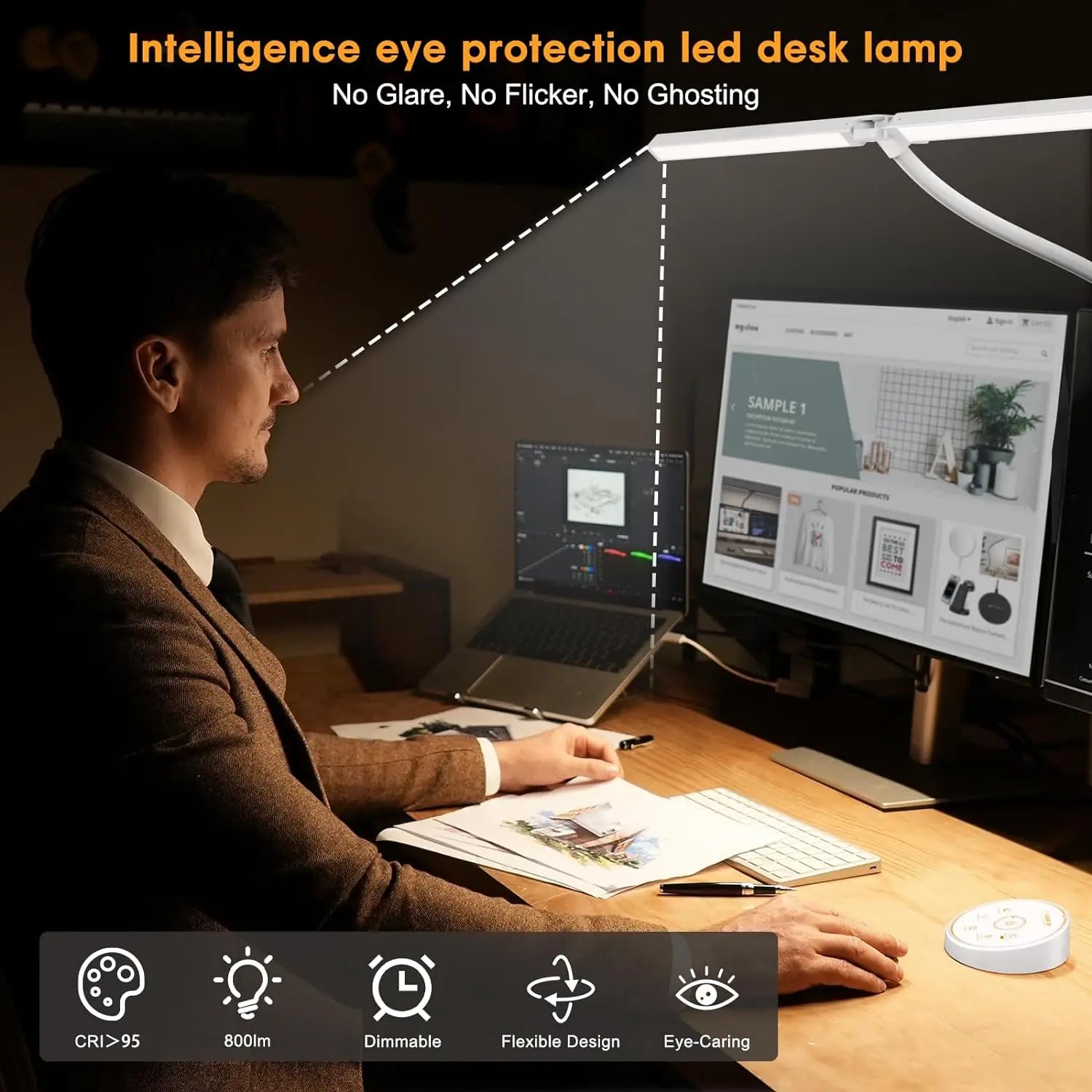 Person working at a desk with a computer and lamp, emphasizing intelligence eye protection.