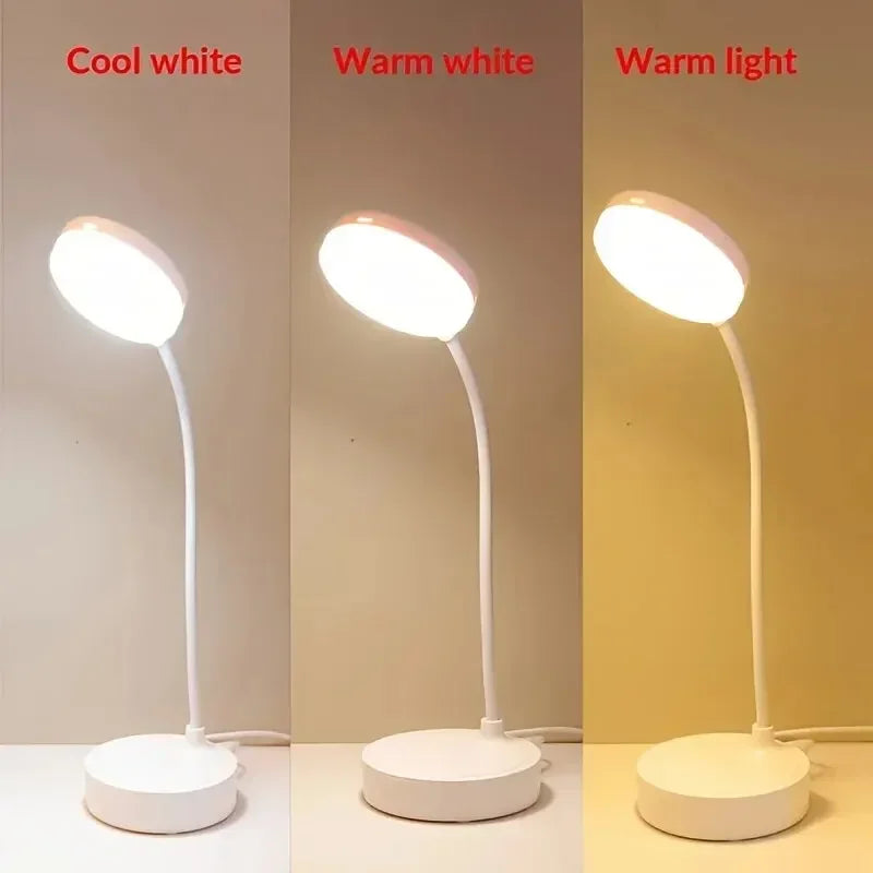 Table and desk lamp showing 3 light color differences on a plain background