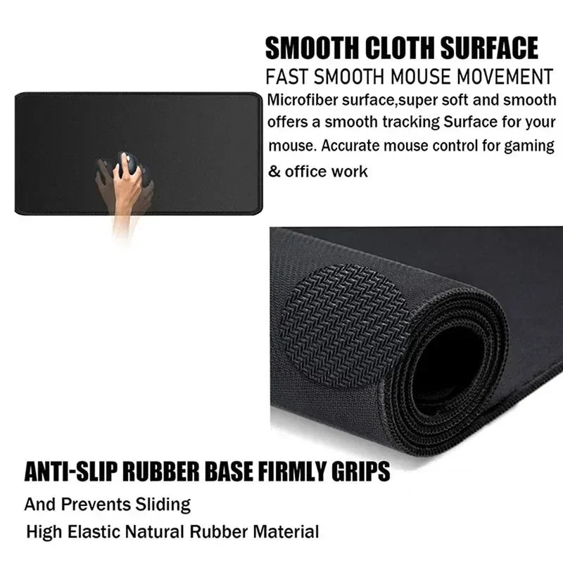 Black mouse pad with  2 images of hand on mouse and rolled mat. Text Smooth cloth surface, fast smooth movement, microfiber surface super soft and smooth offers a smooth tracking surface for your mouse. Accurate mouse control for gaming & office work. Anti-slip rubber base firmly grips and prvents sliding. High elastic natural rubber material.