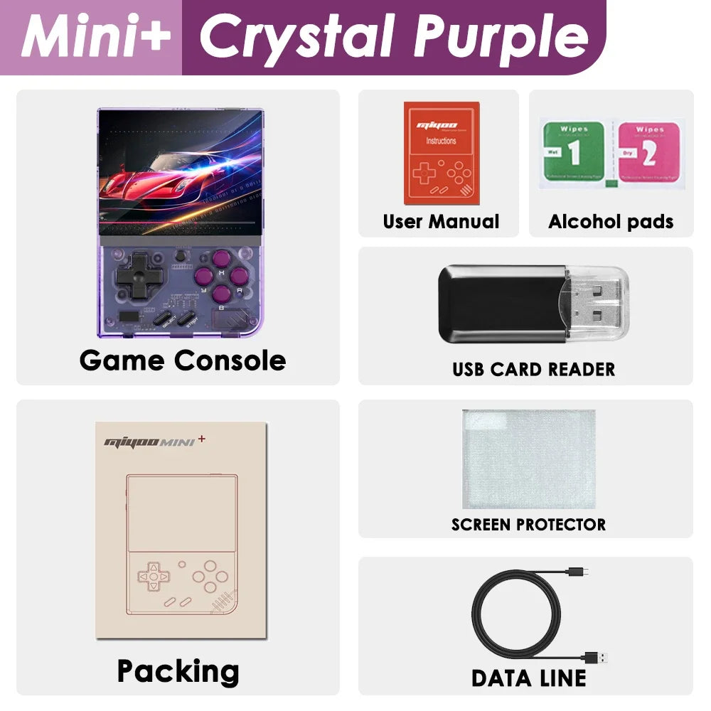 Mini+ Crystal Purple game console package with accessories on a white background