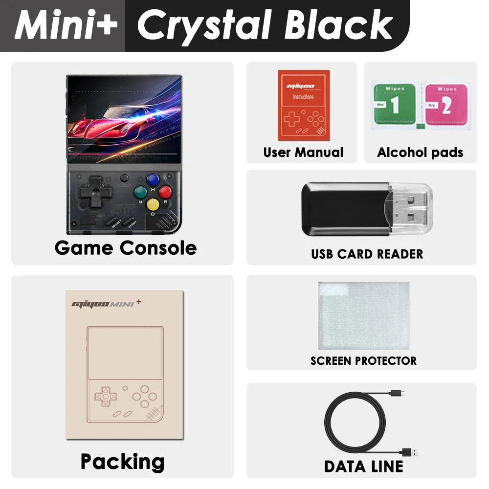 List of items included with a Mini+ Crystal Black game console package.