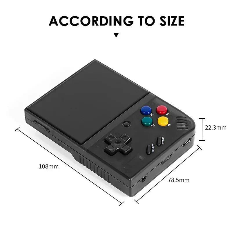 Black handheld gaming console with size measurements on a white background