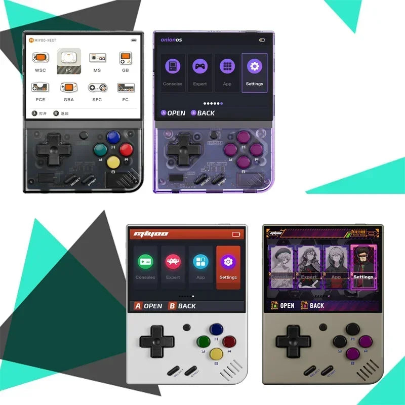 Four handheld gaming consoles with different designs and screen interfaces on a geometric patterned background.