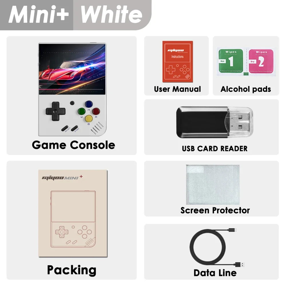 List of items included with a game console packaging, including a game console, user manual, alcohol pads, USB card reader, screen protector, and data line.
