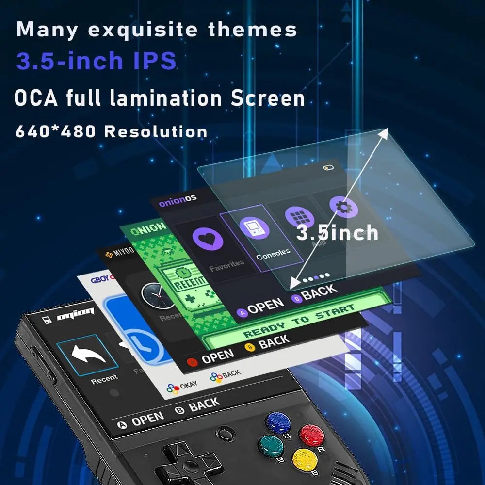OCA full-lamination screen — 640x480 resolution with OnionOS themes andheld device with a 3.5-inch screen displaying various applications on a dark blue background with text about screen specifications.