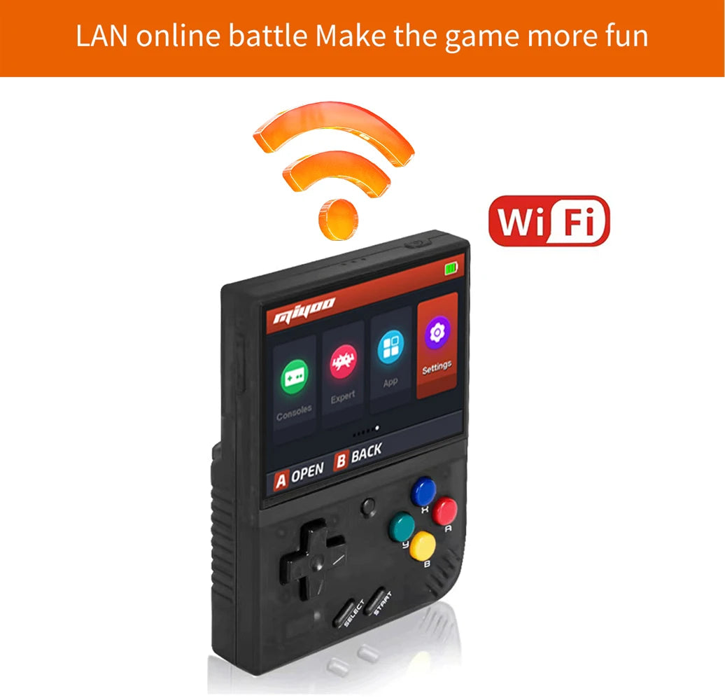 Miyoo Mini+ WiFi LAN online battle support — Black console with wireless connectivity.