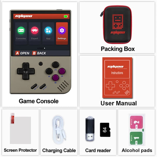 A collage showing a handheld retro-style game console along with included accessories and packaging: a black-and-red carrying case labeled Packing Box, an orange user manual labeled User Manual, a screen protector, a charging cable, a card reader, and alcohol pads. The main product is the game console, and the image is on a light gray background with text labels beneath each item.