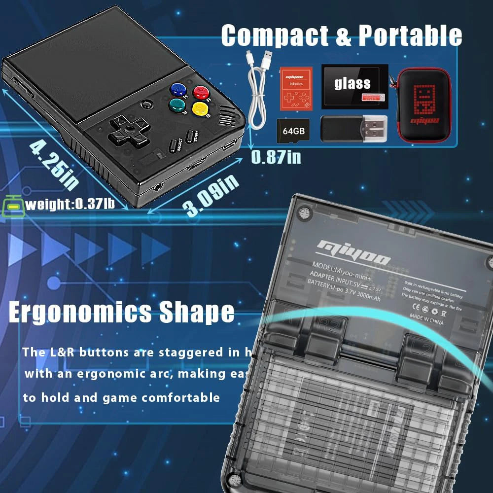 Black handheld gaming console with accessories on a blue technical background Text 'Compact & Portable Ergonomics Shape' with measurements