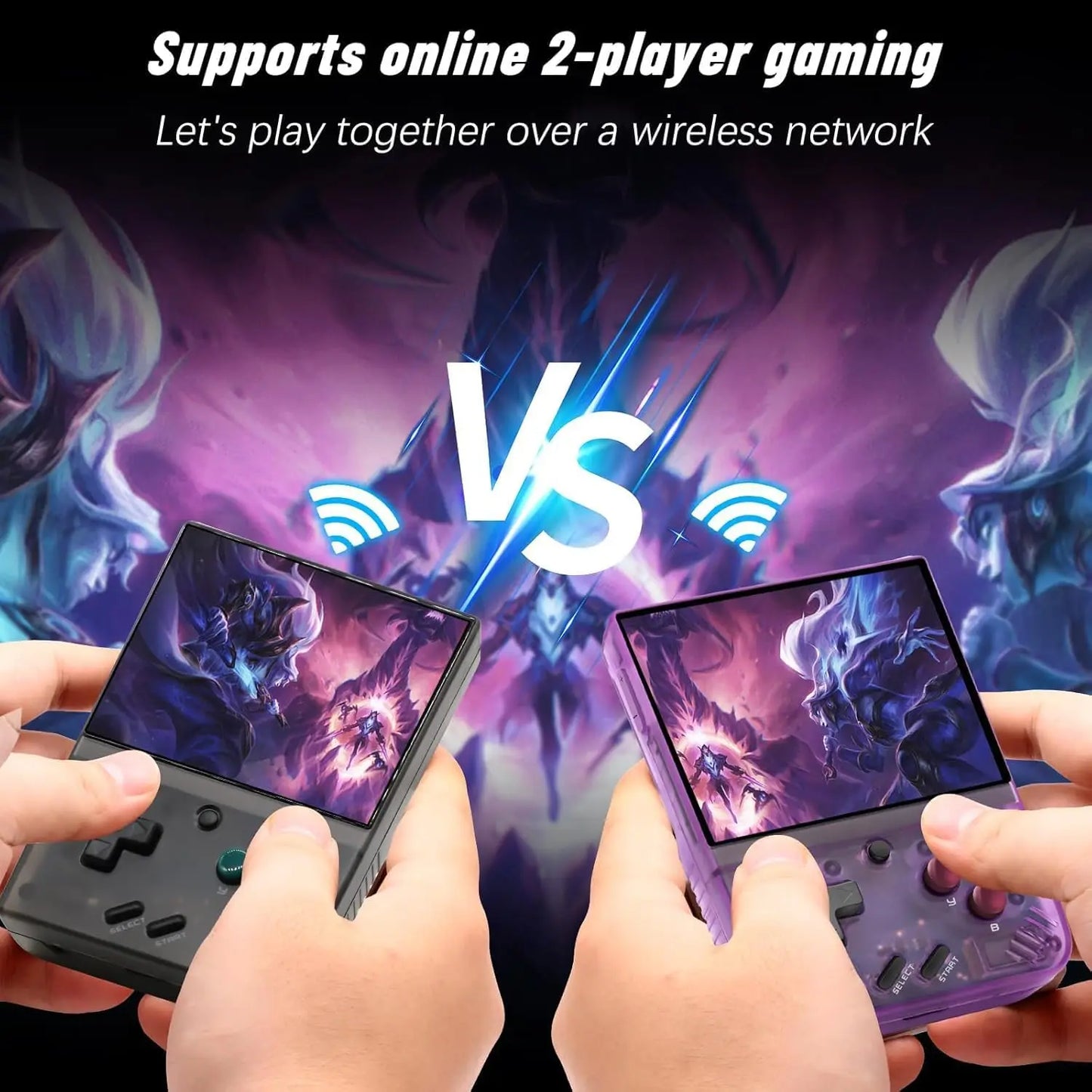 Miyoo Mini+ supports online 2-player gaming over WiFi — Black and Purple consoles shownwo hands holding handheld gaming devices with a 'VS' screen in the middle, set against a dark background with game character silhouettes.