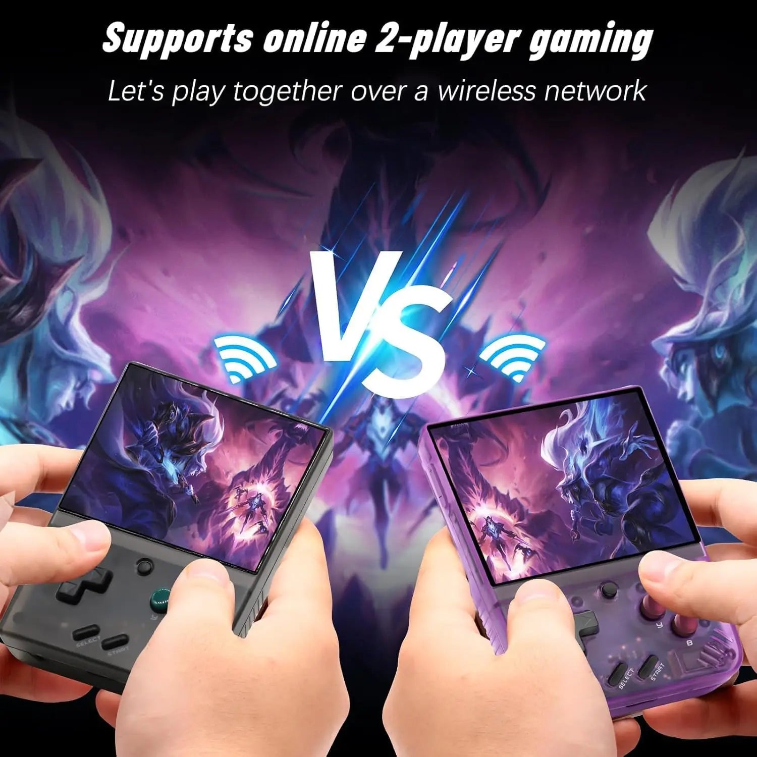 Miyoo Mini+ supports online 2-player gaming over WiFi — Black and Purple consoles shownwo hands holding handheld gaming devices with a 'VS' screen in the middle, set against a dark background with game character silhouettes.