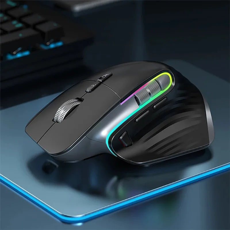 Gaming multi-device mouse with RGB lighting on a dark surface