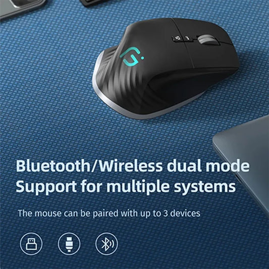 Black wireless mouse on a blue textured surface with text about Bluetooth/Wireless dual mode support.