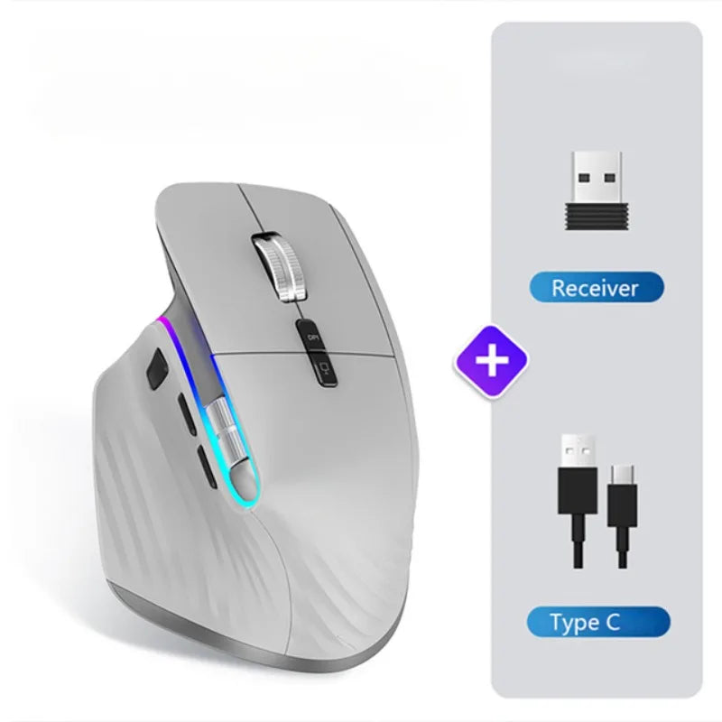 Gray ergonomic multi-device mouse with USB receiver and Type C cable on a white background