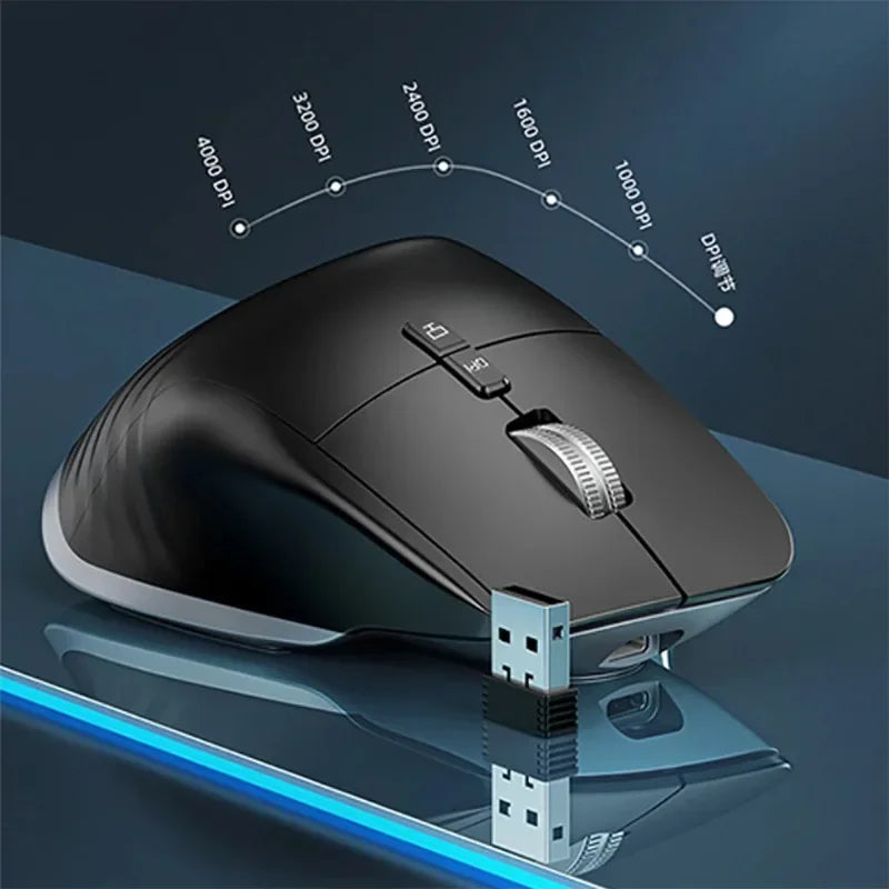 Black gaming mouse showing DPI  with USB receiver on a reflective surface