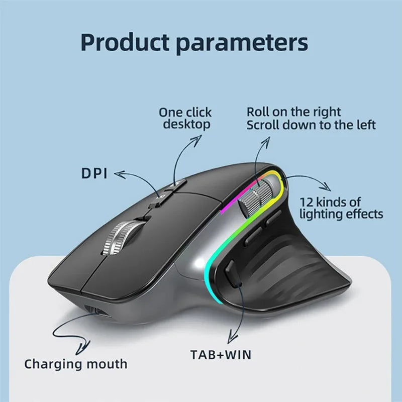 Gaming mouse with labeled features on a light blue background