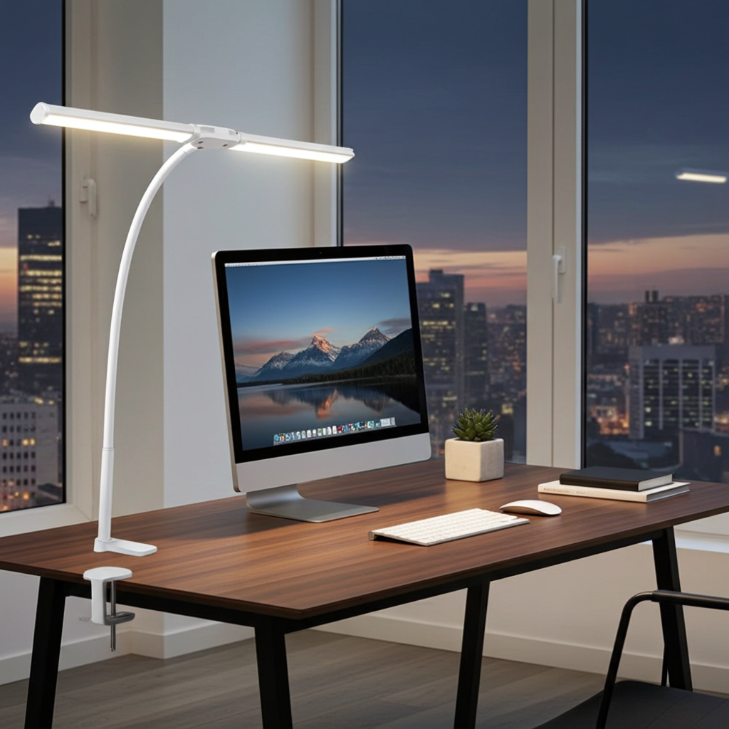 White  lamp on office desk illuminating monitor with clamp, keyboard, mouse, books and plant showing window and outside view of buildings.