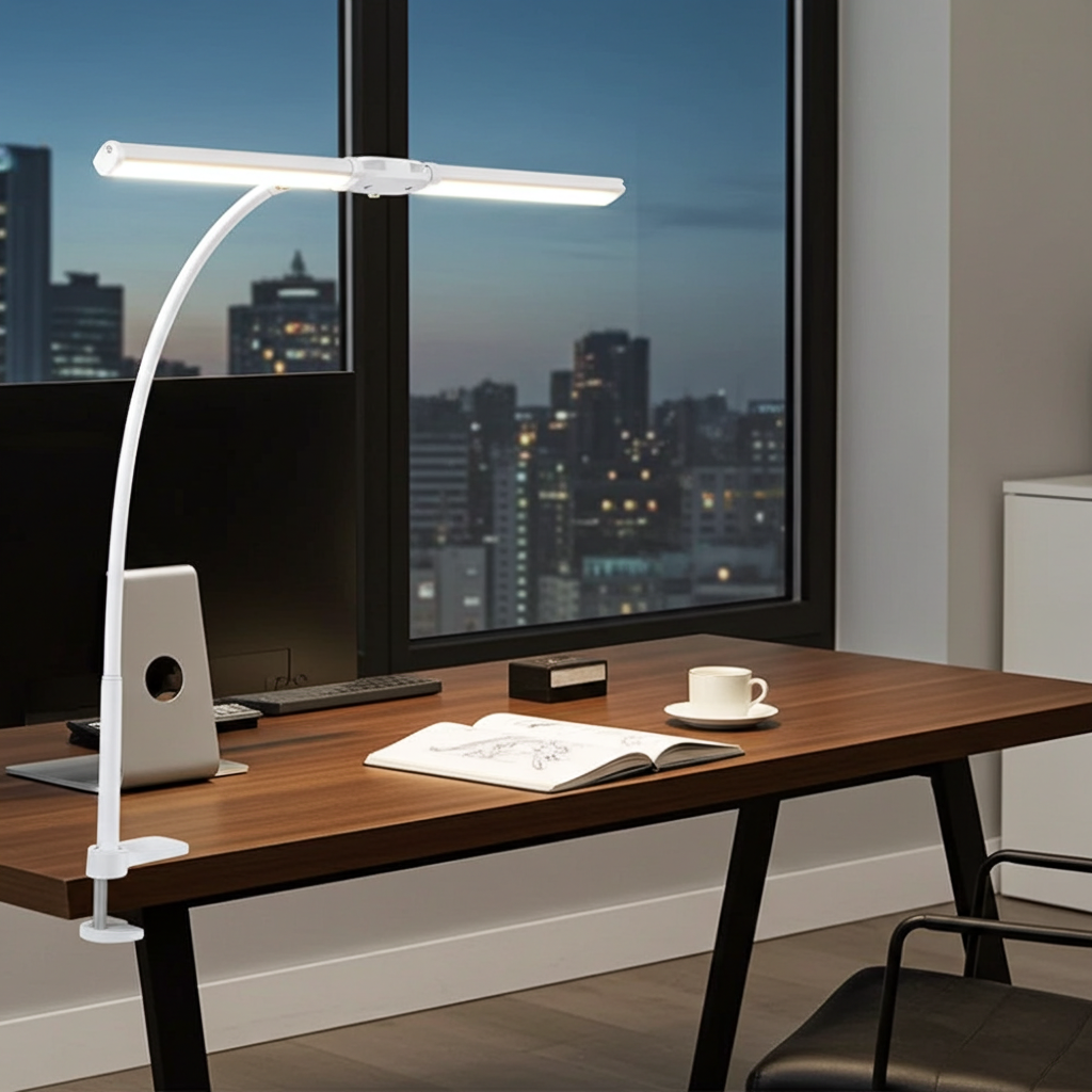 White clamp lamp on wood table with a book, notepad, and white cup sitting on a  saucer. Background of window view showing buildings. 